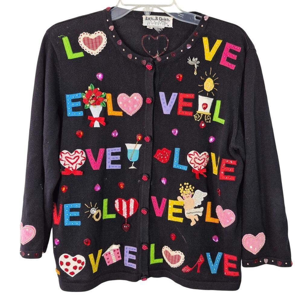 Jack B Quick Black Red Green LOVE Hearts Embellished Beads Embroidered Sweater M